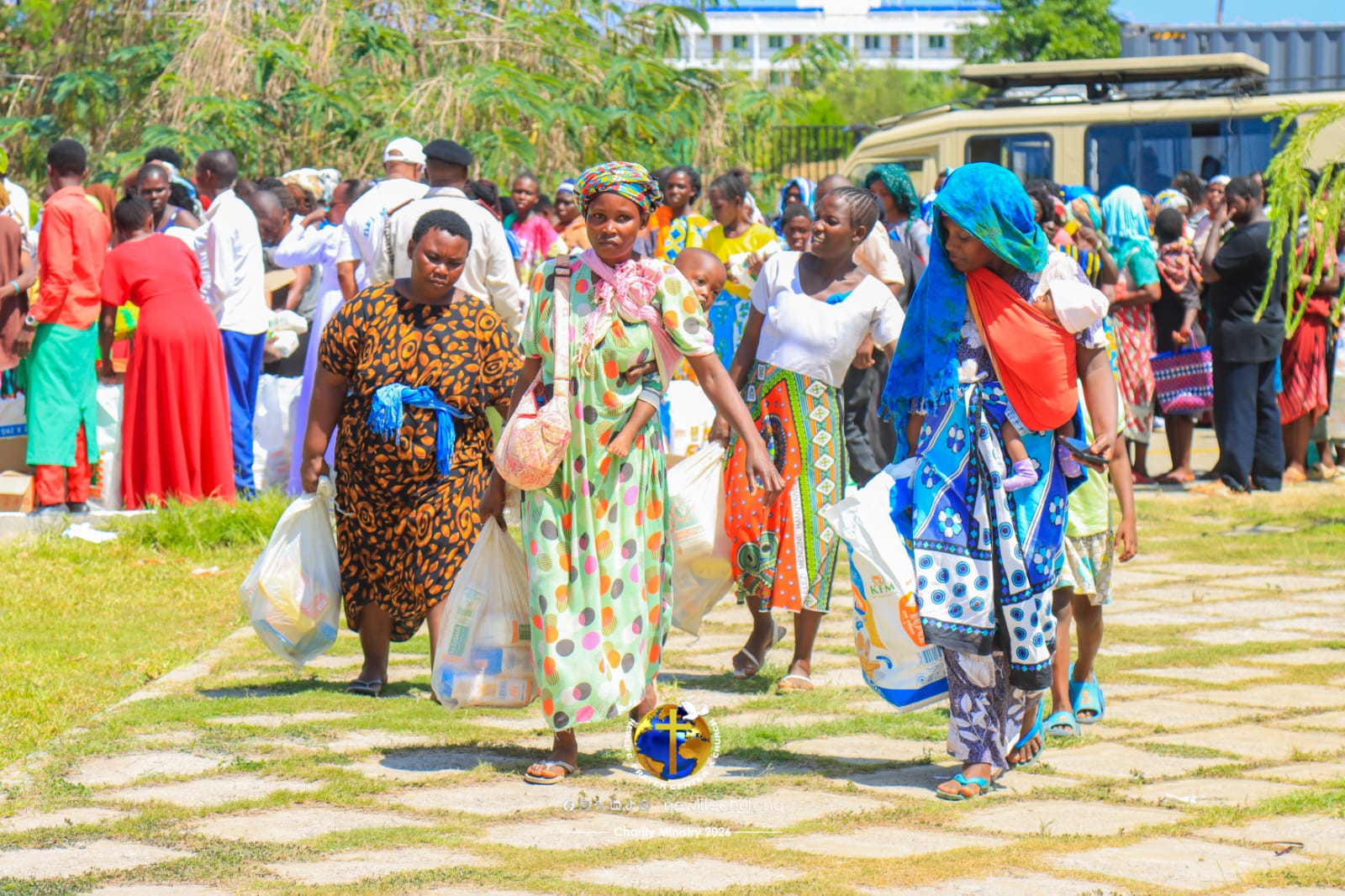 Community members receiving food donations