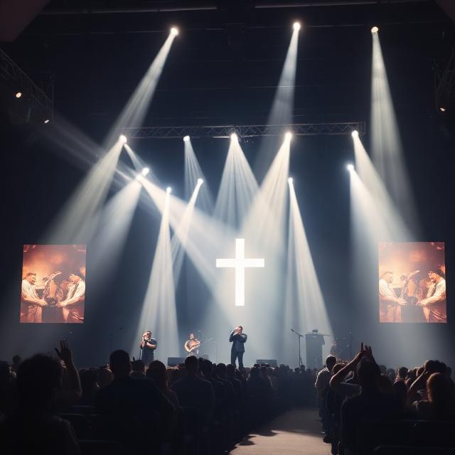Church concert with dramatic lighting and music