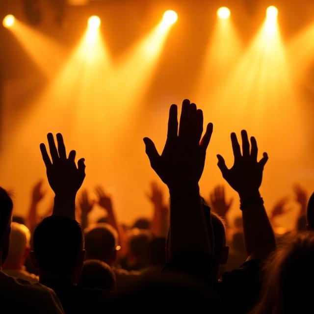 Worship service with hands raised in praise